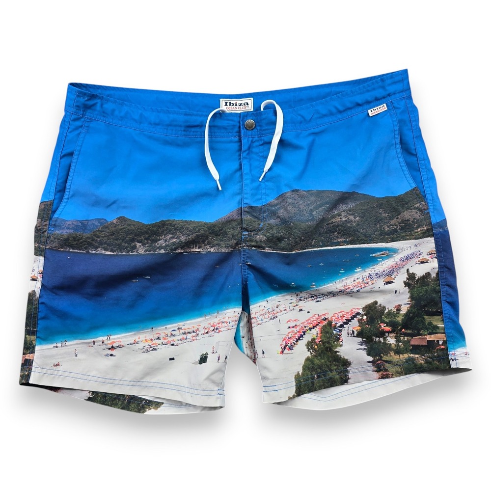 Ibiza Ocean Club Mens Swim Trunks Size 38 Blue Beach Graphic Polyester Mesh Line
